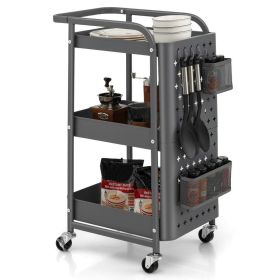 Multifunction 3-Tier Utility Storage Cart Metal Rolling Trolley W/ DIY Pegboard Baskets (Color: grey)